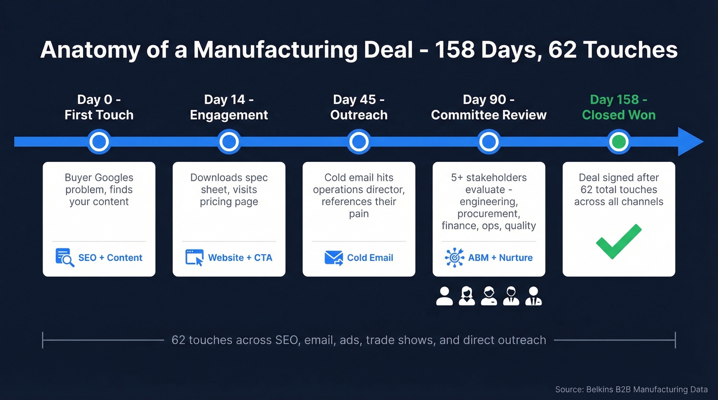 Manufacturing lead gen 158-day deal flow with 62 touches mapped