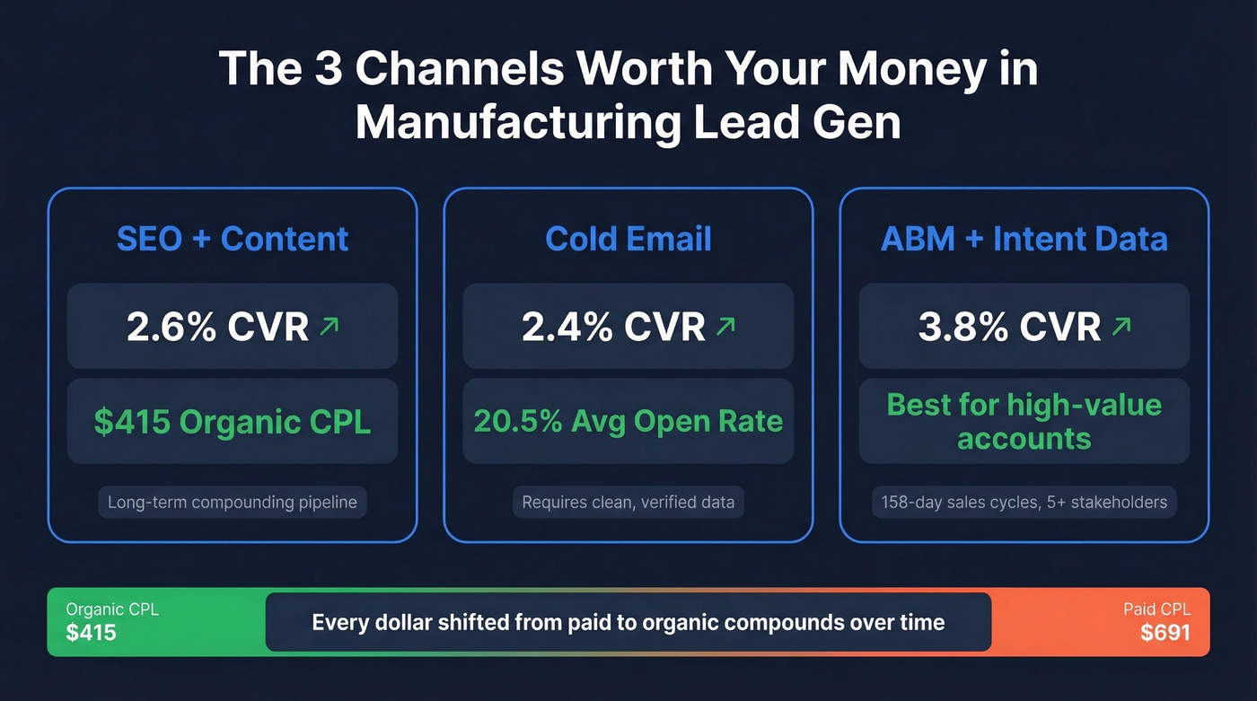 Top 3 manufacturing lead gen channels compared by CVR and CPL