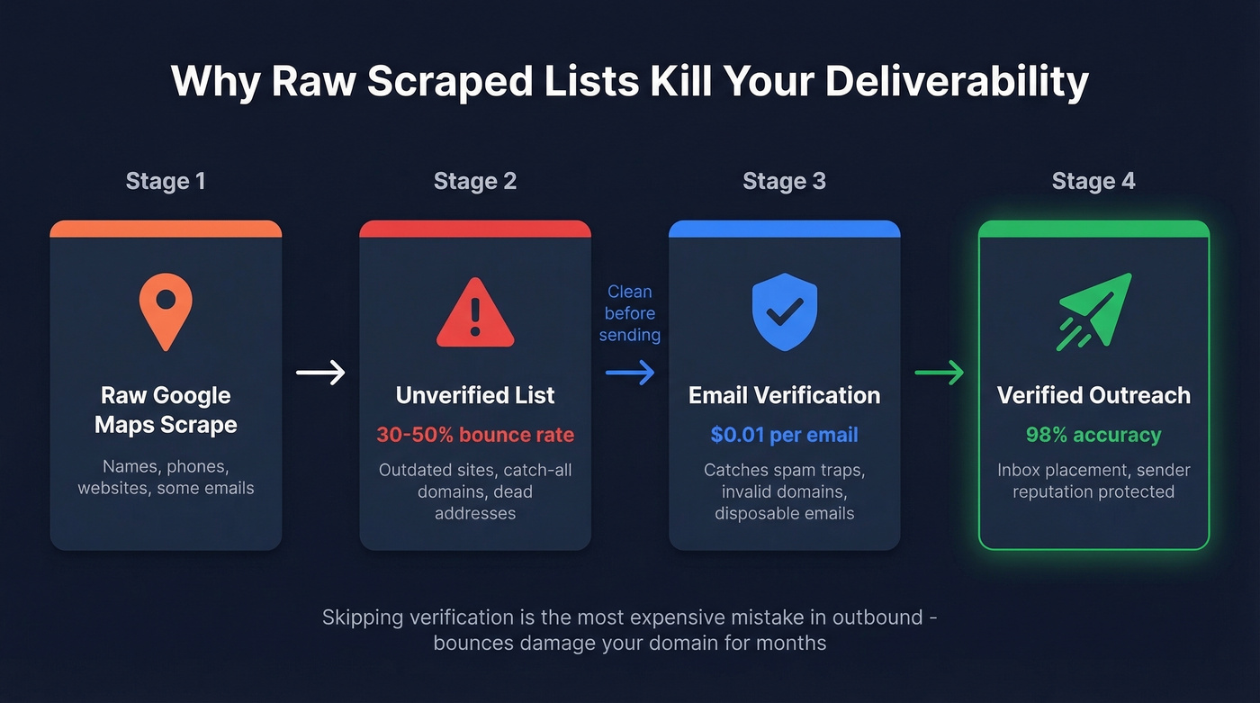 Scraped data to verified outreach workflow diagram