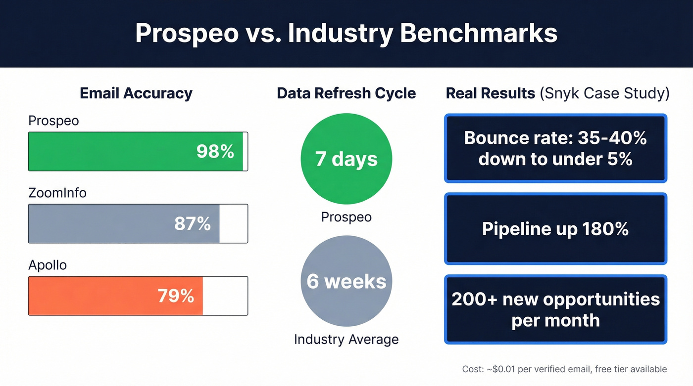 Prospeo accuracy and performance stats versus industry benchmarks