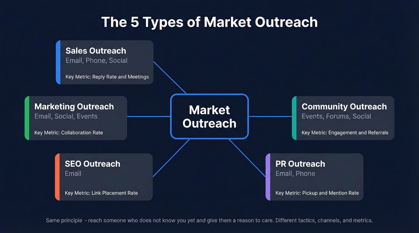 Five types of market outreach mapped by function and channel