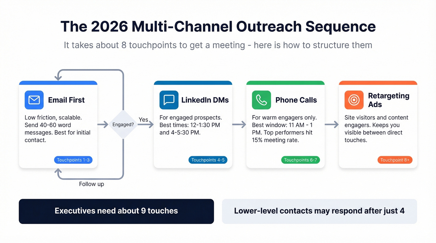 Multi-channel outreach sequence flow with timing and touchpoints