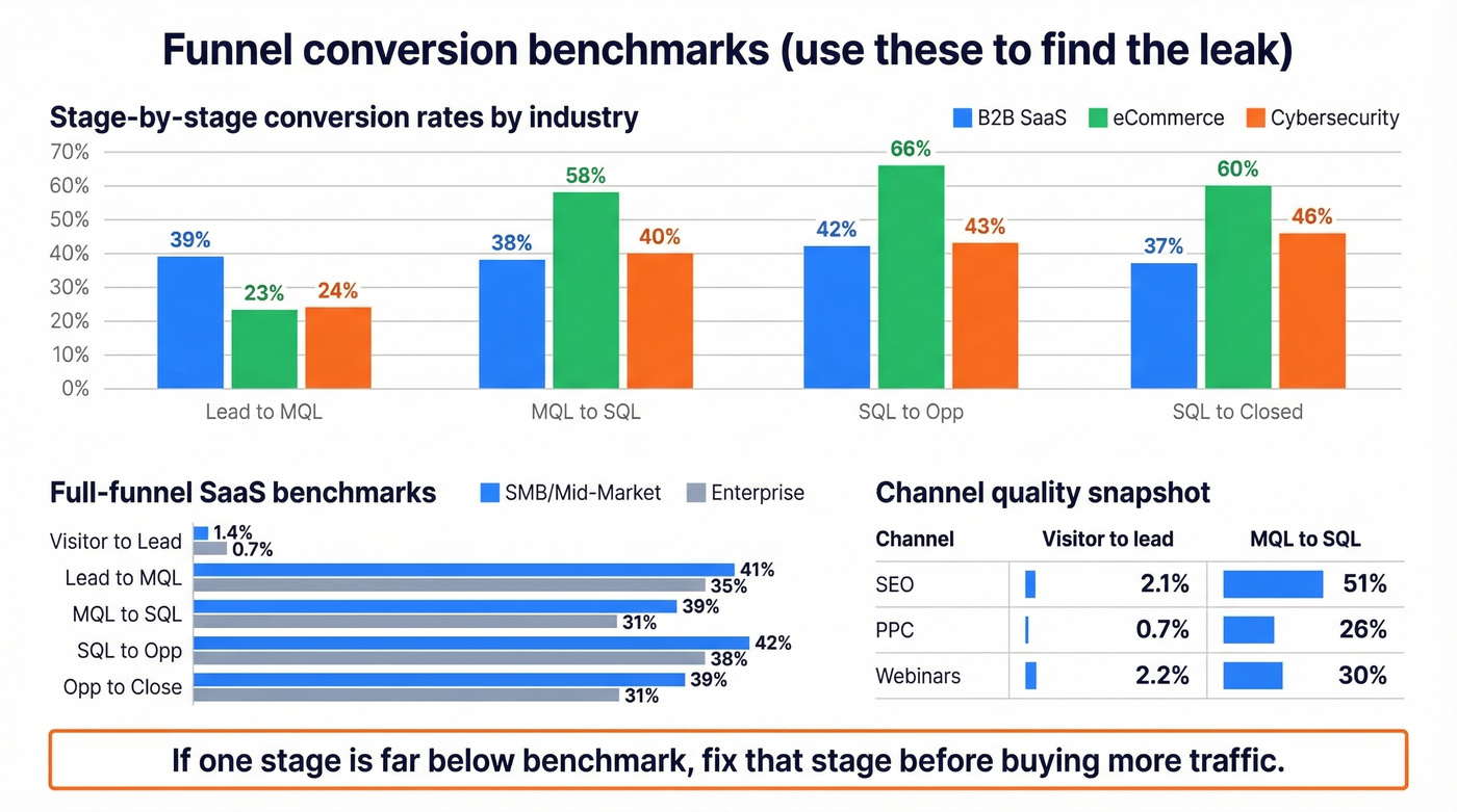 Benchmark dashboard for key funnel conversion rates