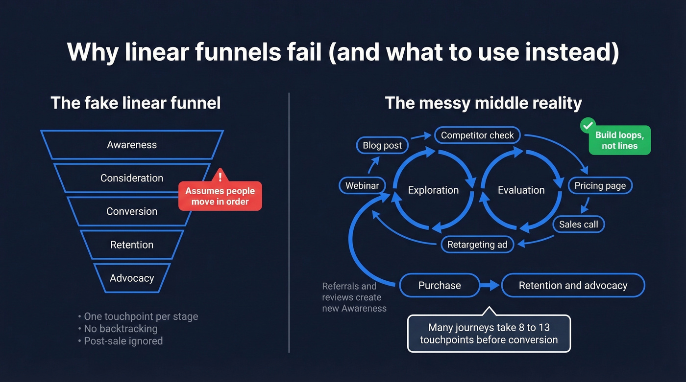 Linear funnel versus messy middle loop comparison
