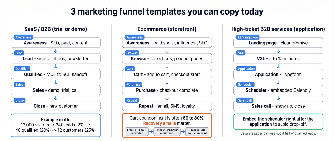 Side-by-side templates for SaaS, ecommerce, and high-ticket B2B