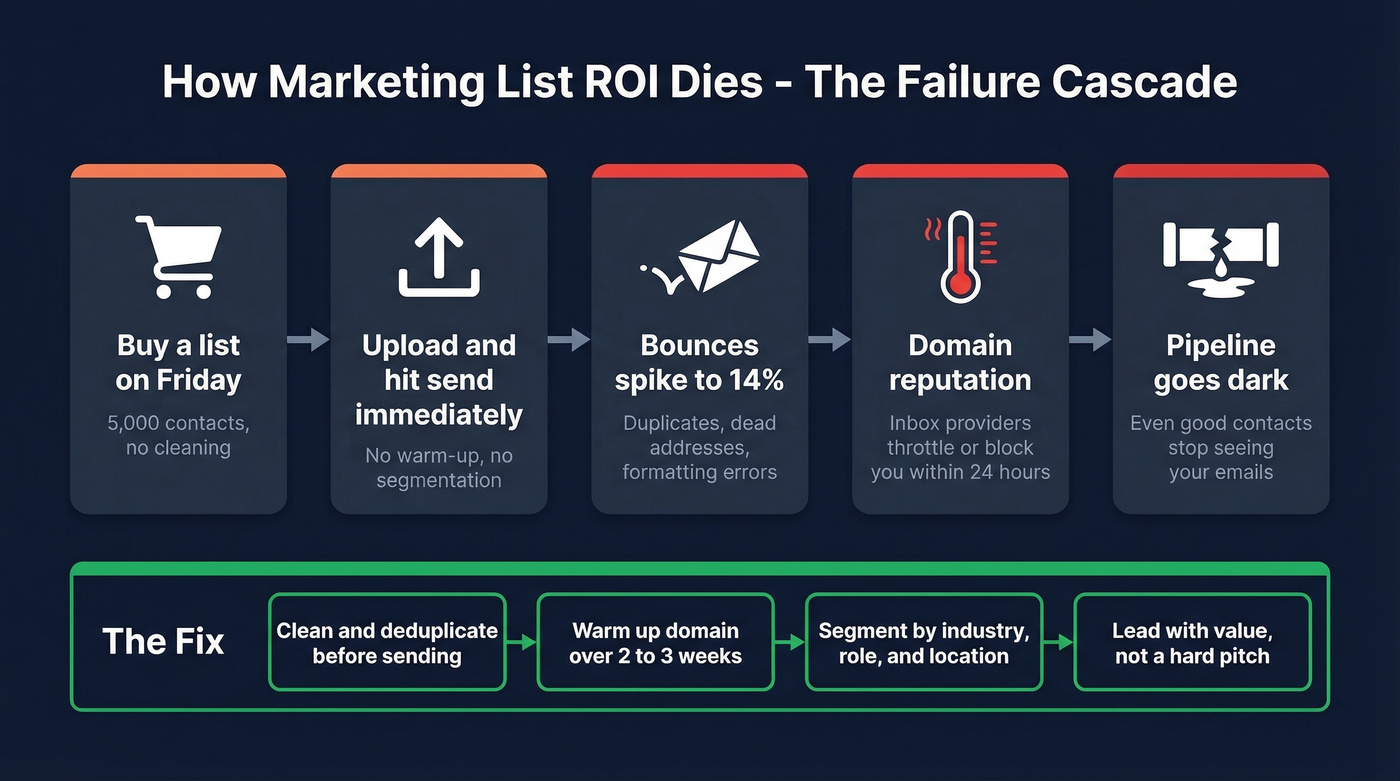 Common marketing list mistakes shown as a failure cascade