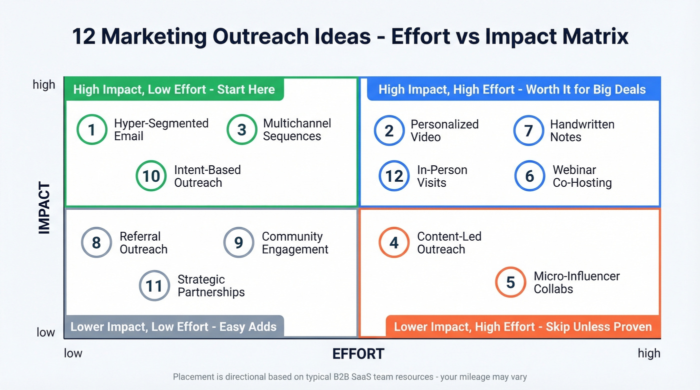 Visual overview of all 12 outreach strategies organized by effort and impact