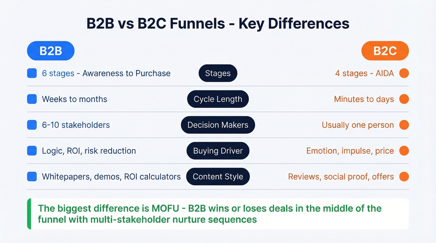 B2B vs B2C funnel differences across five key dimensions
