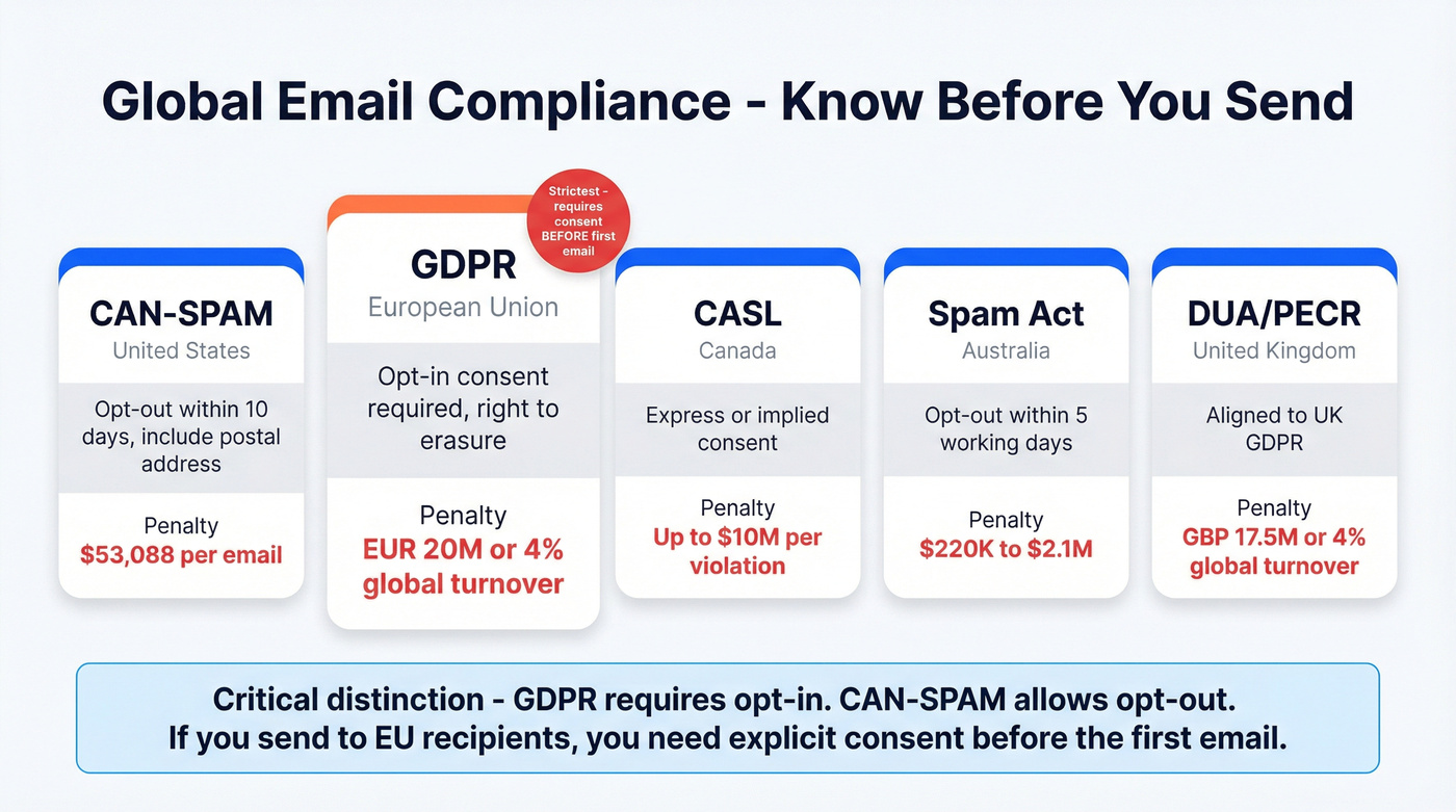 Global email compliance map showing regulations by region
