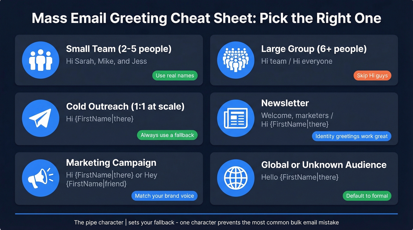 Visual guide to mass email greetings by context and formality