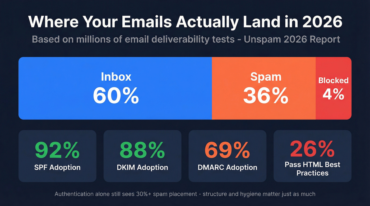 Email deliverability breakdown showing inbox vs spam vs blocked rates