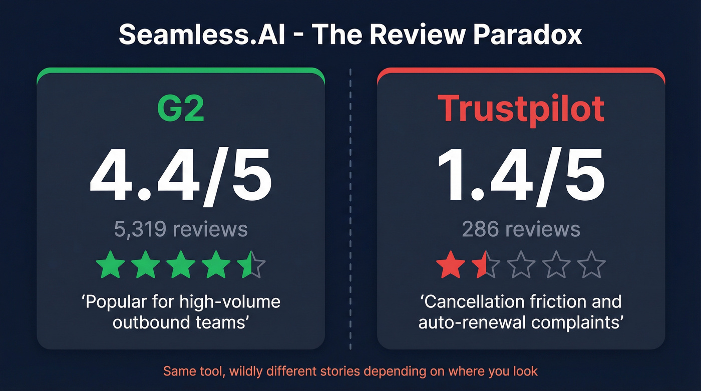 Seamless.AI review score split between G2 and Trustpilot