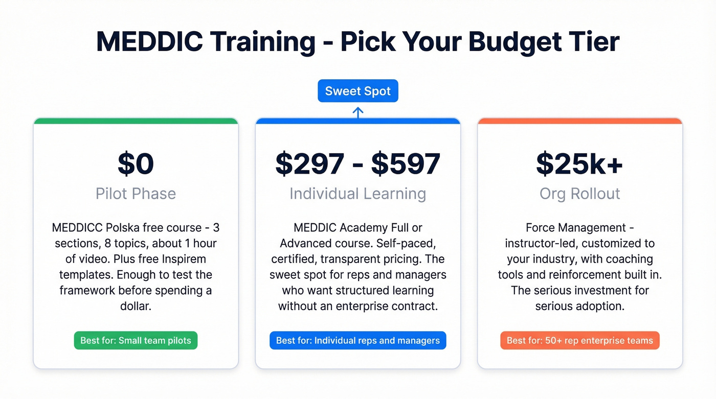 Three MEDDIC training budget tiers with recommendations