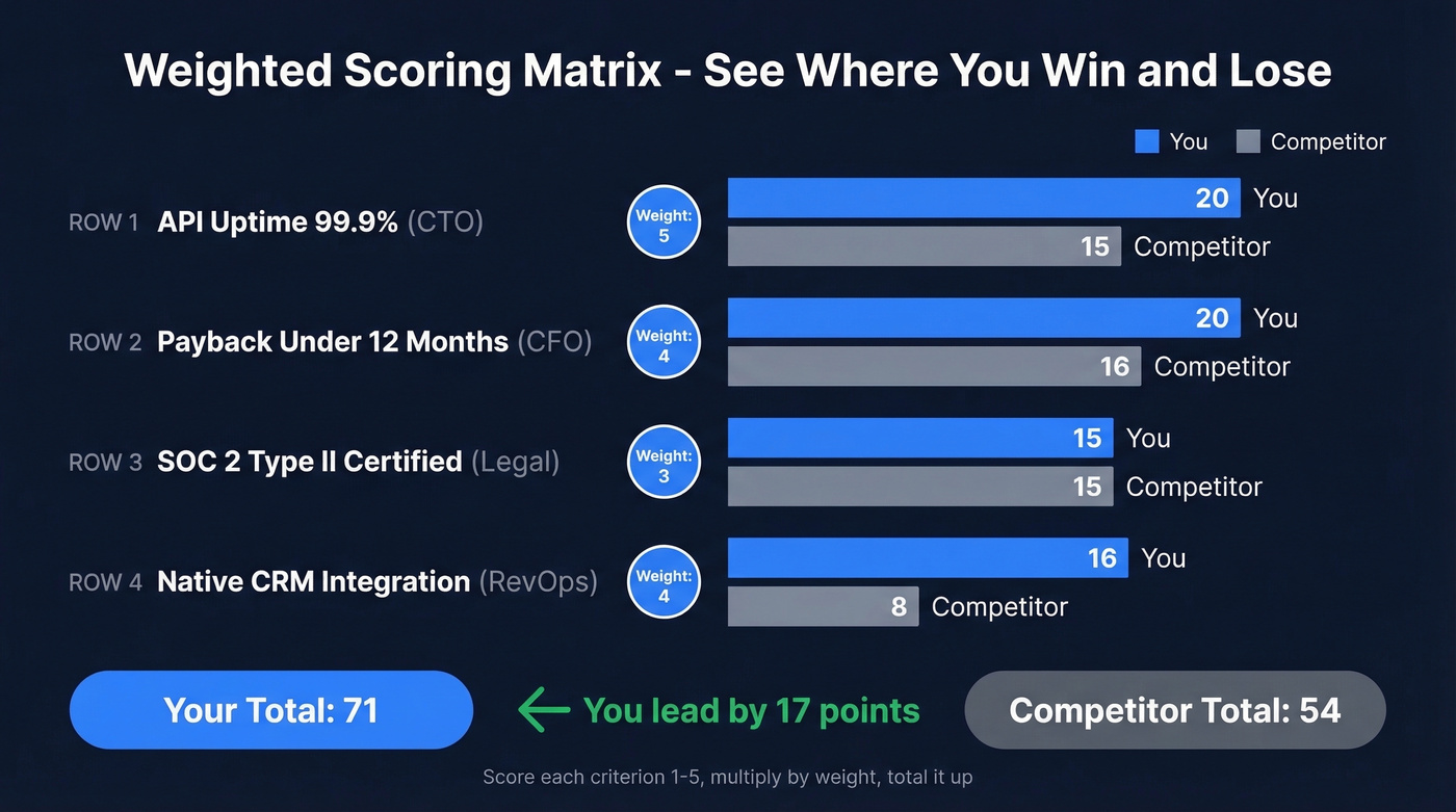 Weighted scoring matrix example with visual bar comparison