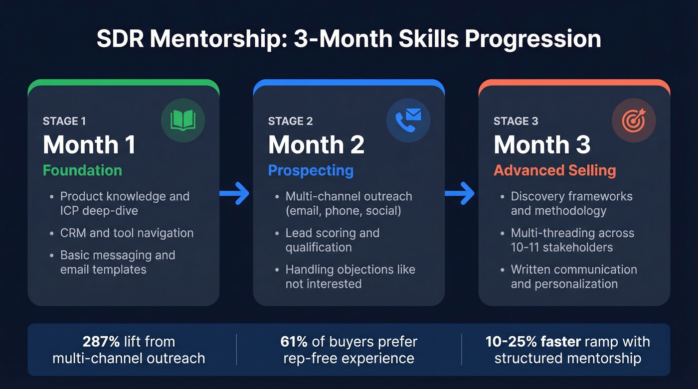 Three-month SDR mentorship skills progression timeline