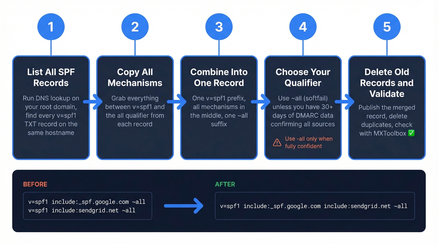 Five-step flow chart for merging SPF records