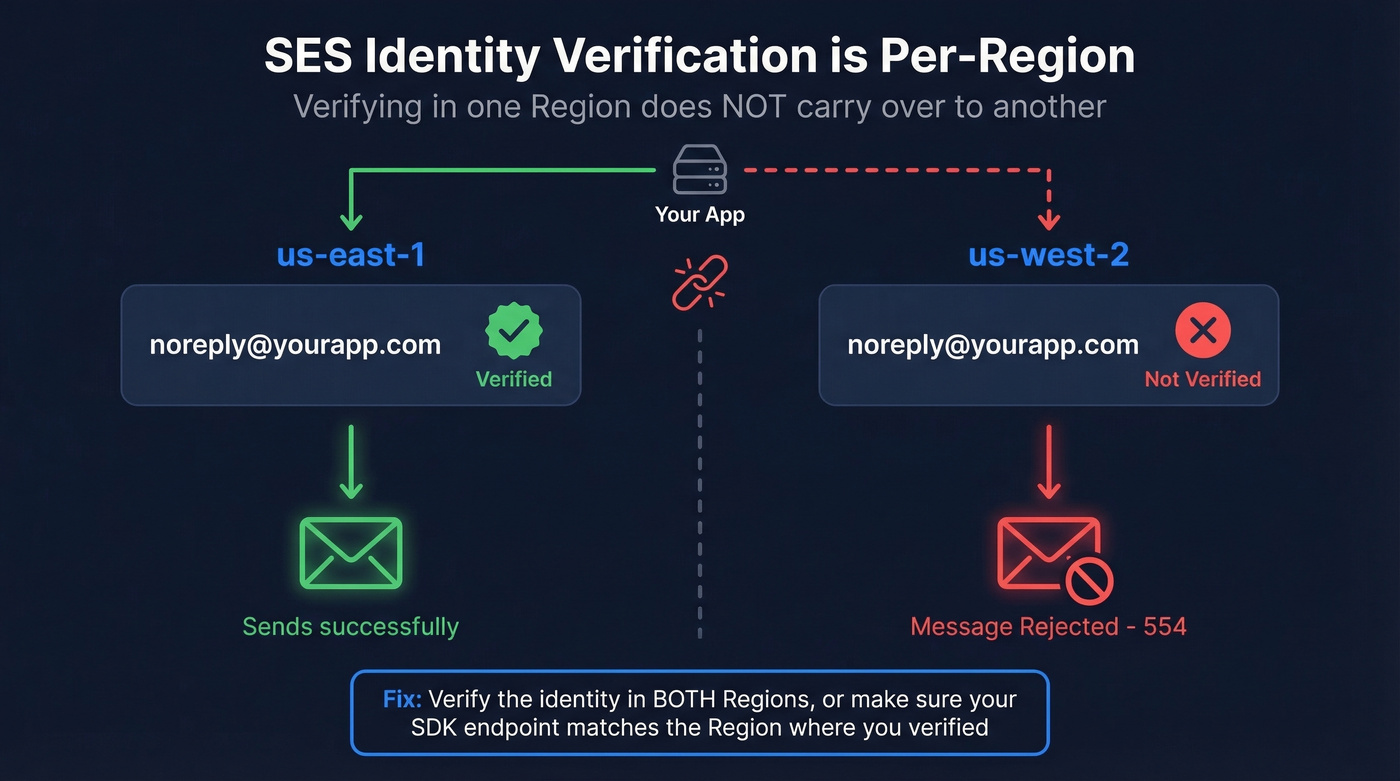 AWS SES Region mismatch diagram showing verification scope