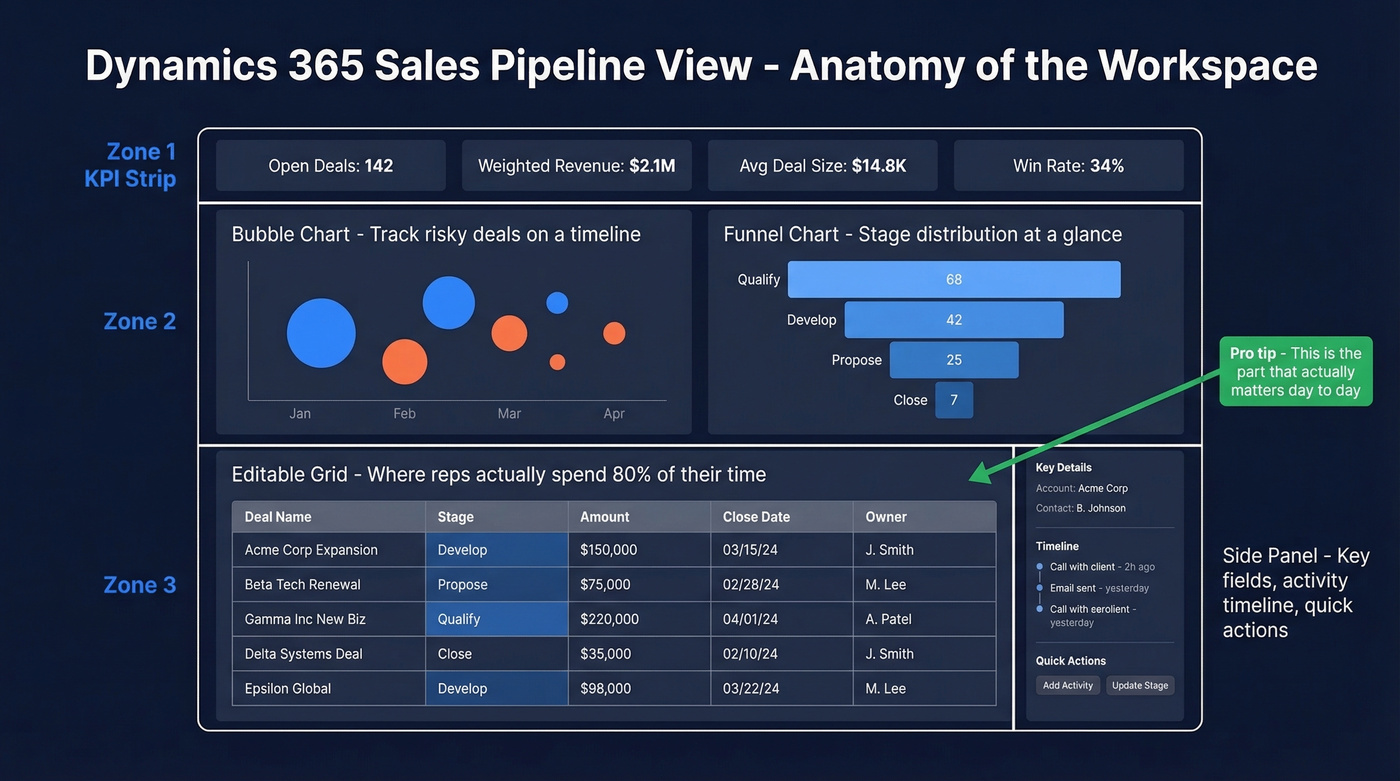 Dynamics 365 pipeline view four component layout diagram