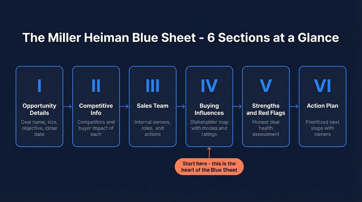 Six sections of the Miller Heiman Blue Sheet overview