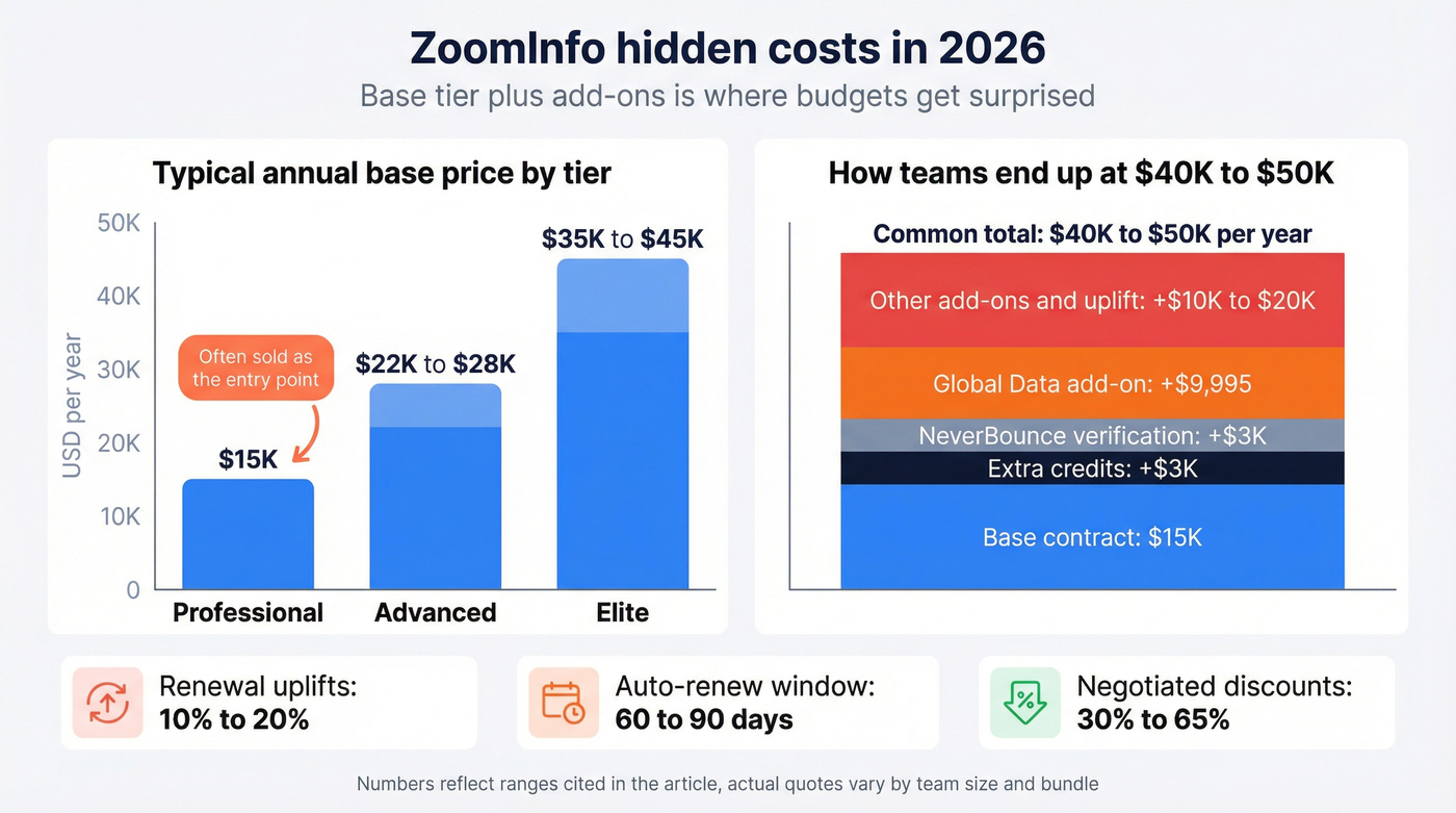 Cost breakdown comparing ZoomInfo tiers and add-ons