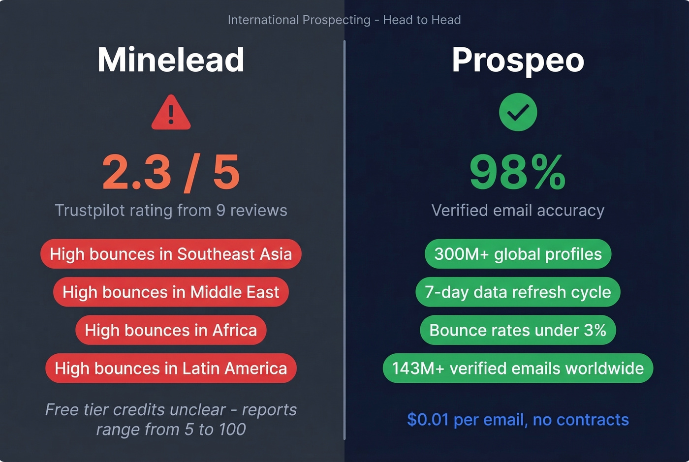 Minelead international coverage problems vs Prospeo stats