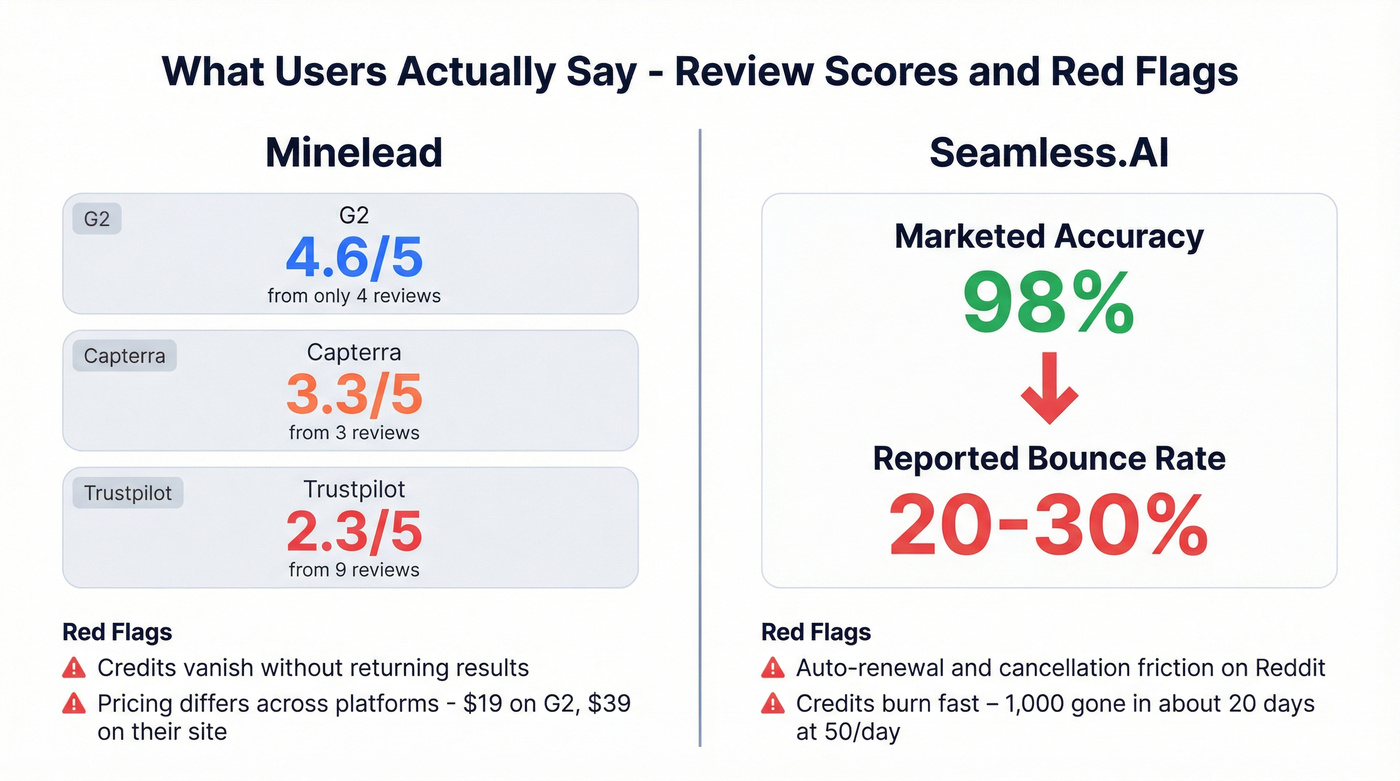 User complaint summary stats for Minelead and Seamless.AI