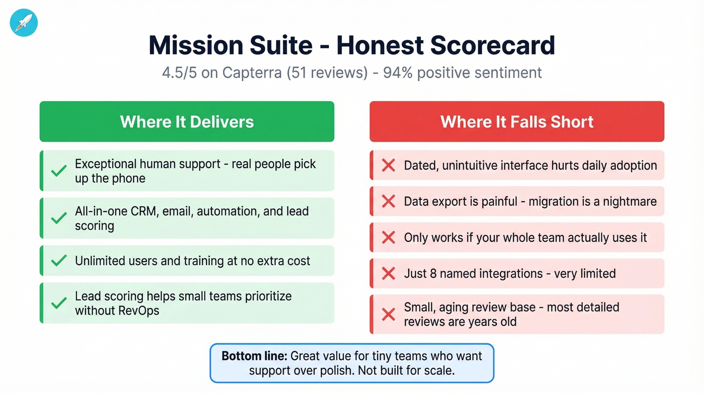 Mission Suite pros and cons visual scorecard