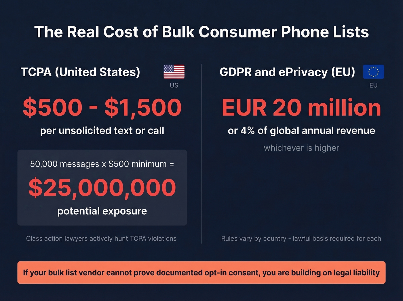 TCPA and GDPR penalty calculations for bulk phone lists