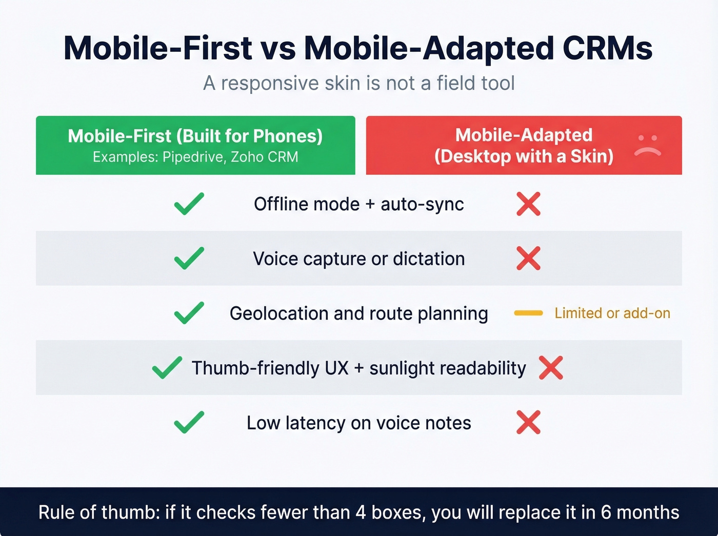 Mobile-first vs mobile-adapted CRM checklist comparison