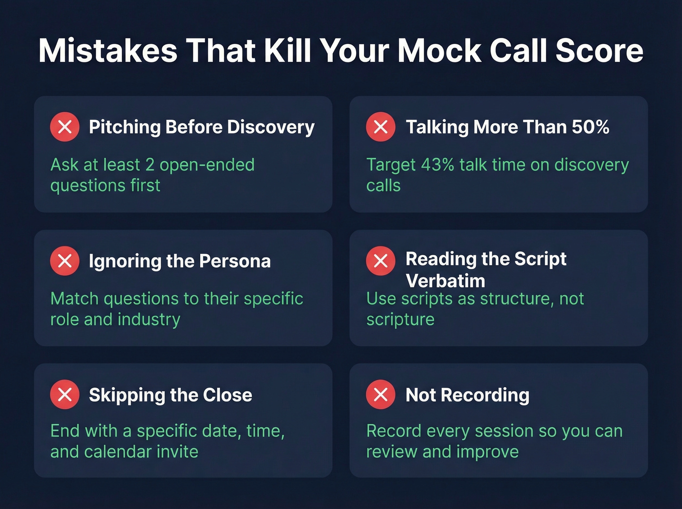 Six common mock sales call mistakes with warning icons