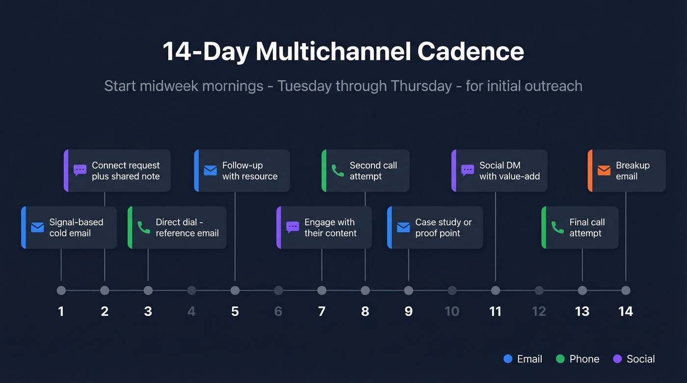 Visual 14-day multichannel prospecting cadence with channel icons