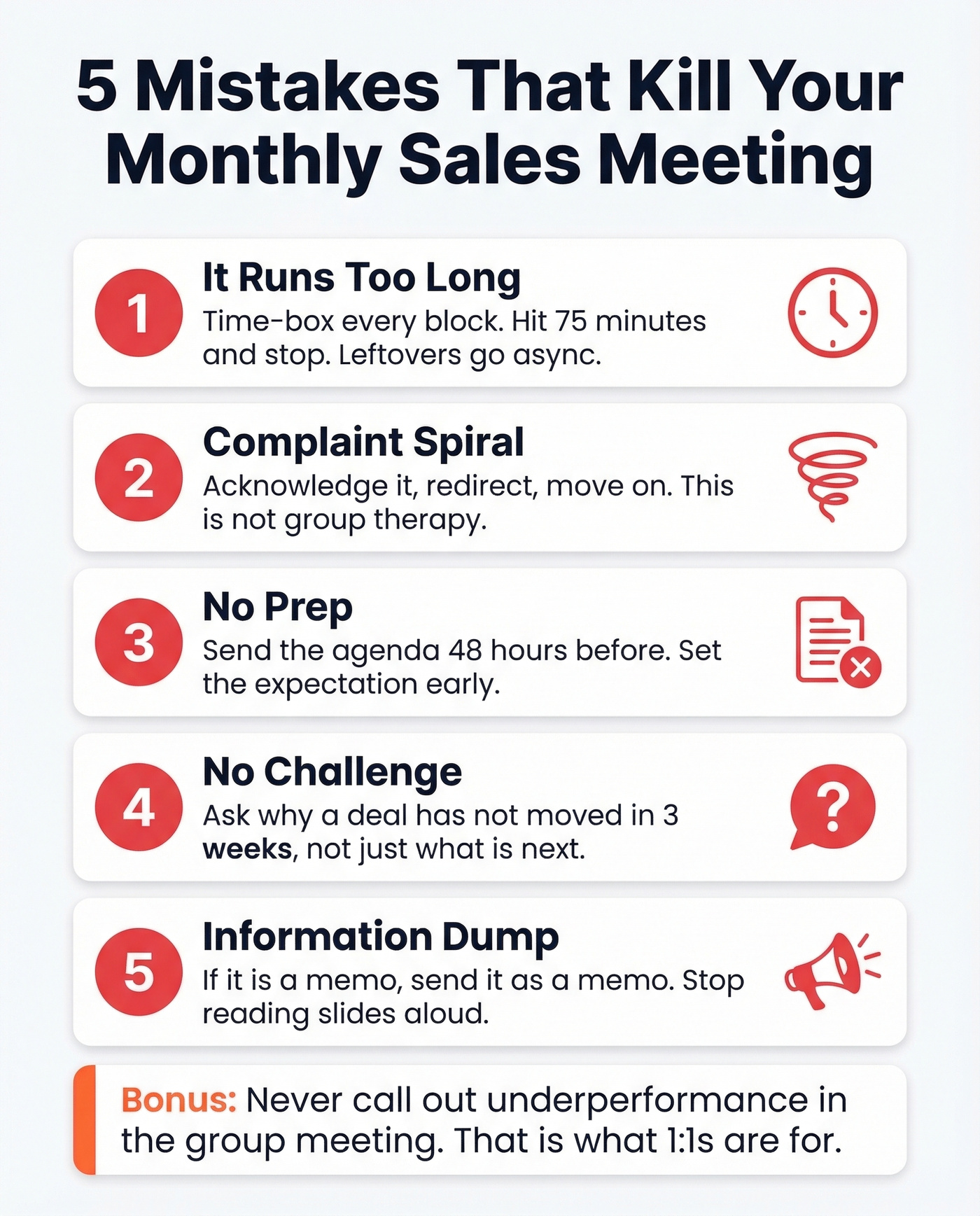 Five common mistakes that ruin monthly sales meetings