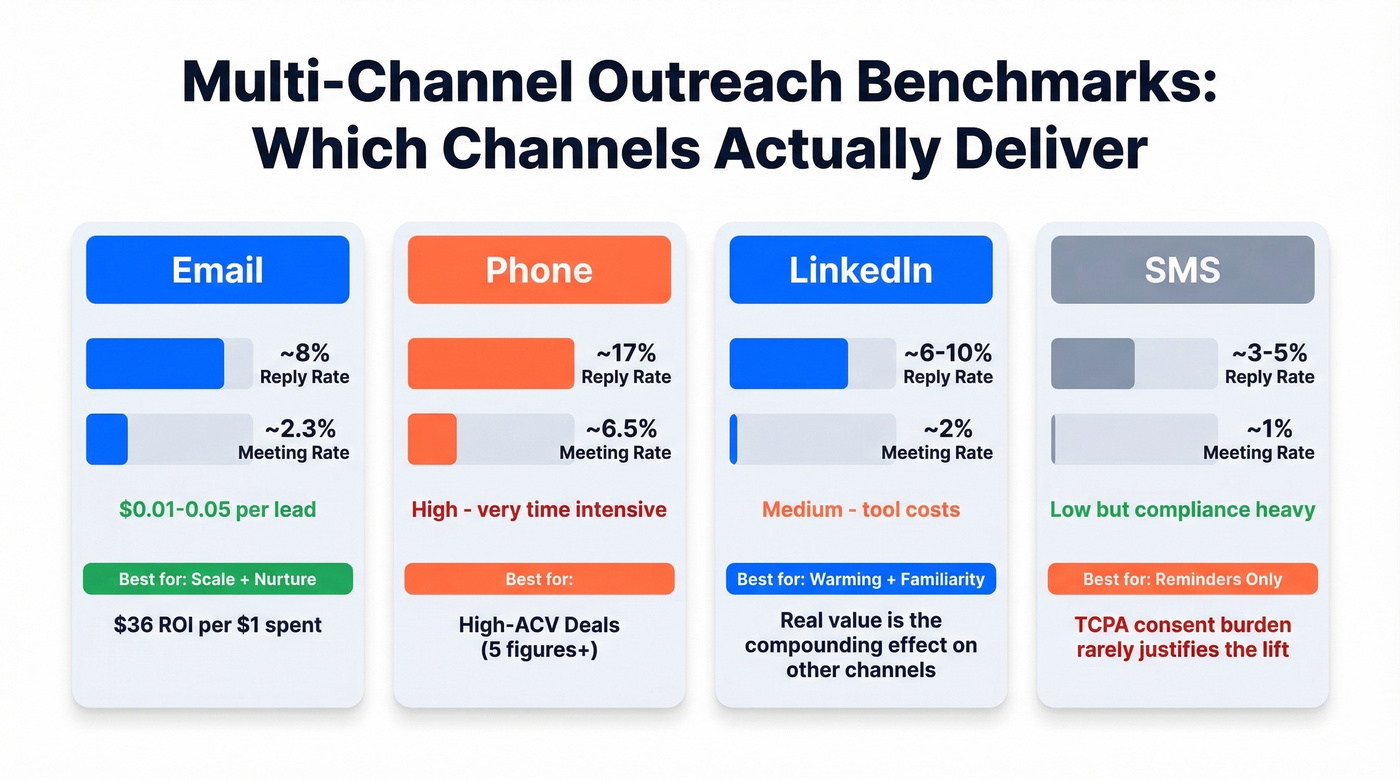 Channel comparison showing reply rates and cost efficiency