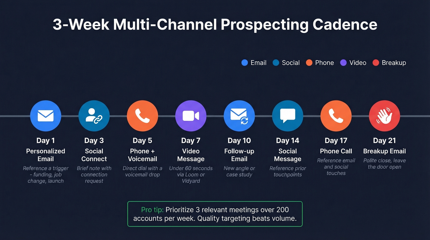21-day multi-channel prospecting cadence timeline with channel icons