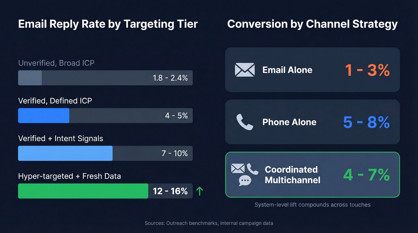 Email reply rates by targeting tier and channel conversion benchmarks