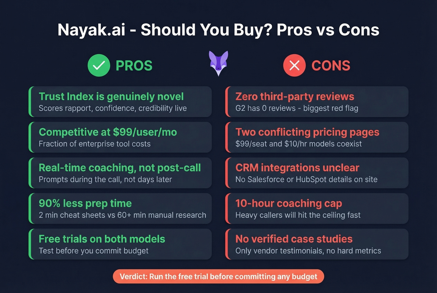 Nayak.ai pros and cons visual summary card