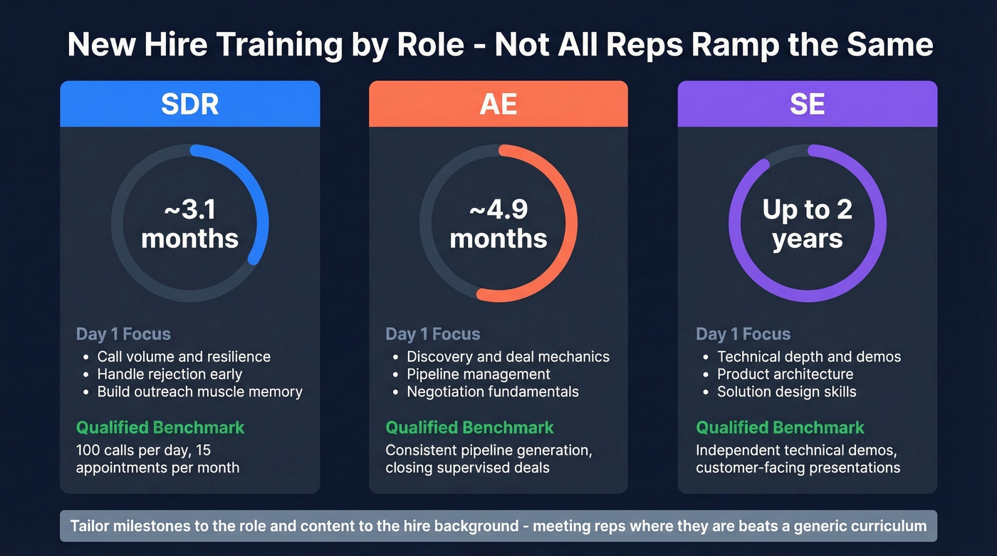 Sales role comparison showing ramp times and focus areas