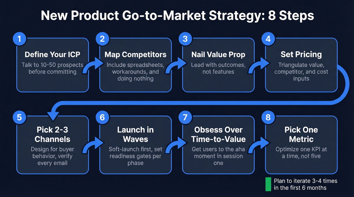 8-step GTM launch plan visual workflow