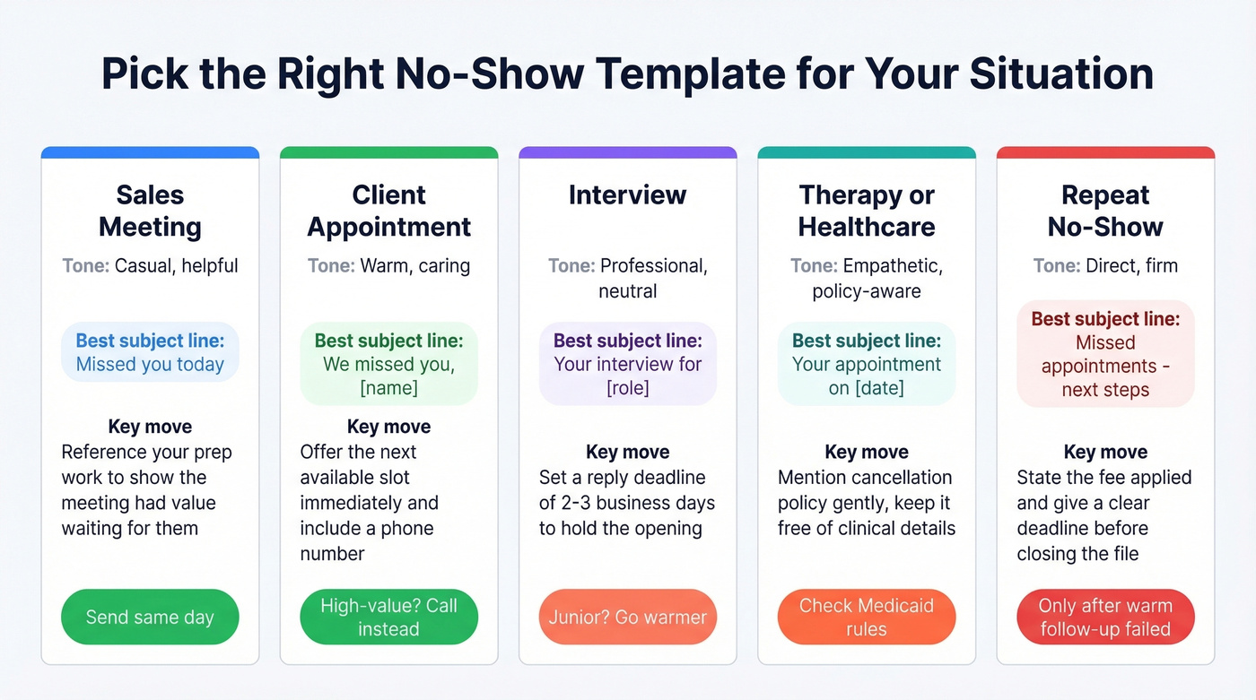 Five no-show email template types compared by tone and use case