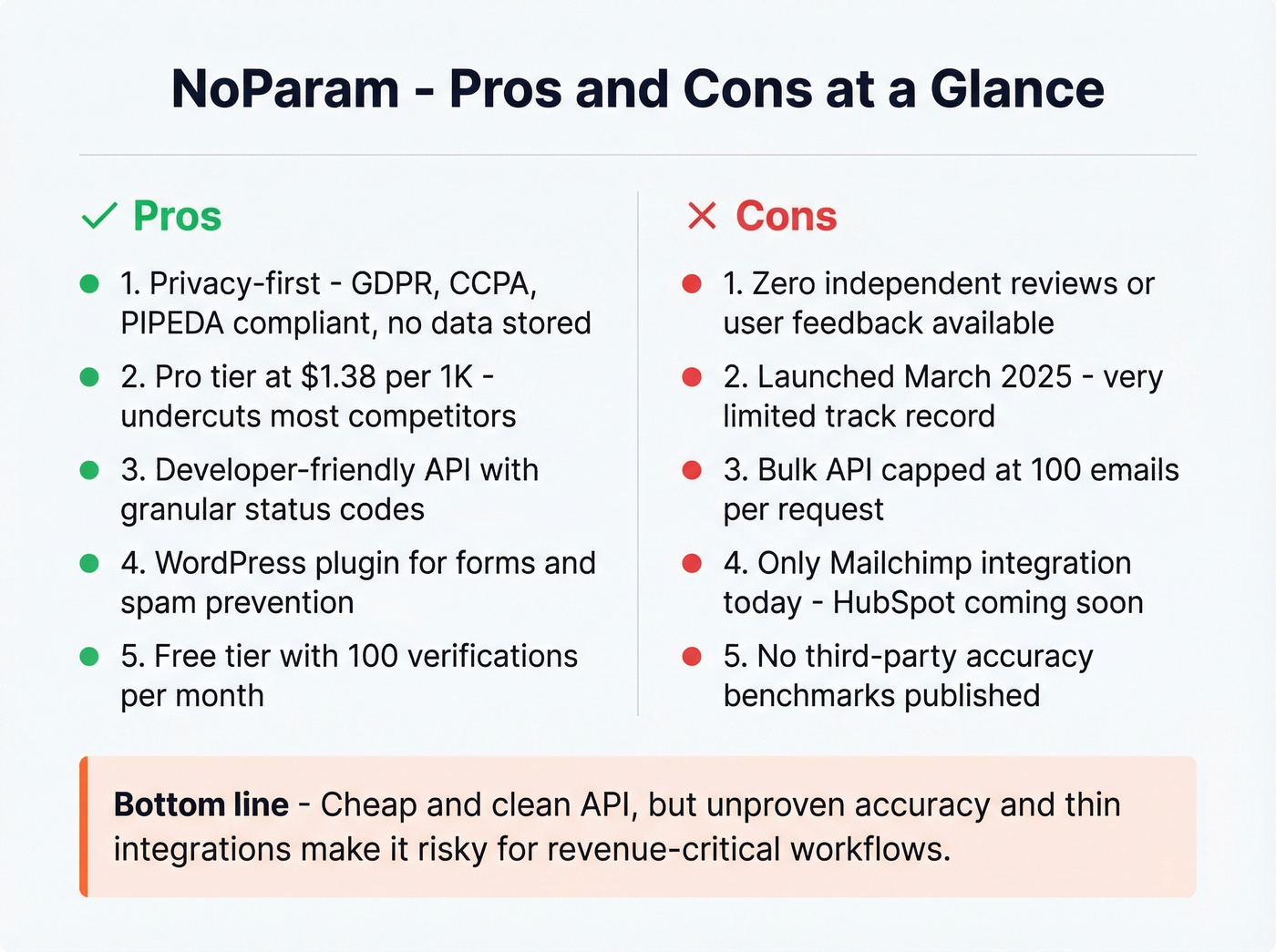NoParam pros and cons visual summary card