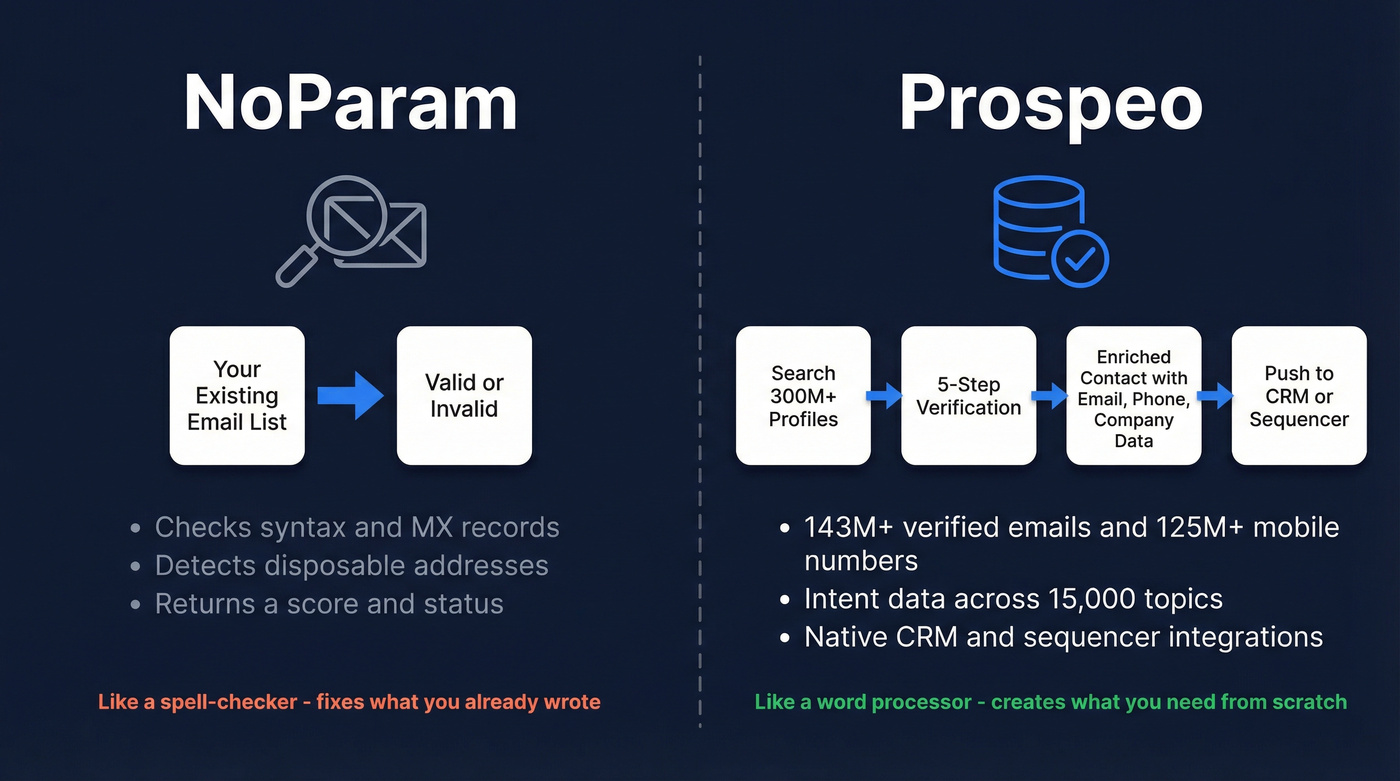NoParam vs Prospeo spell-checker vs word processor analogy
