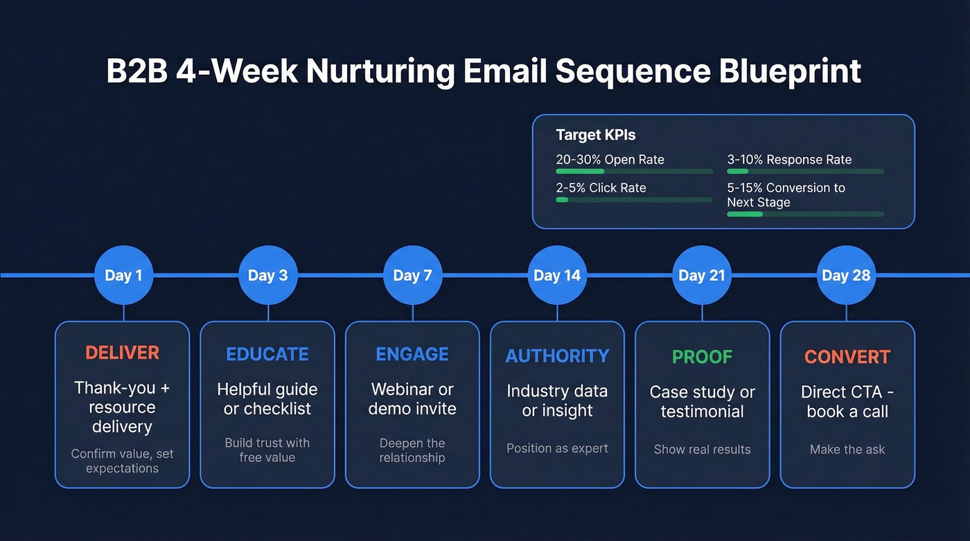 B2B 4-week nurturing email sequence timeline with KPIs