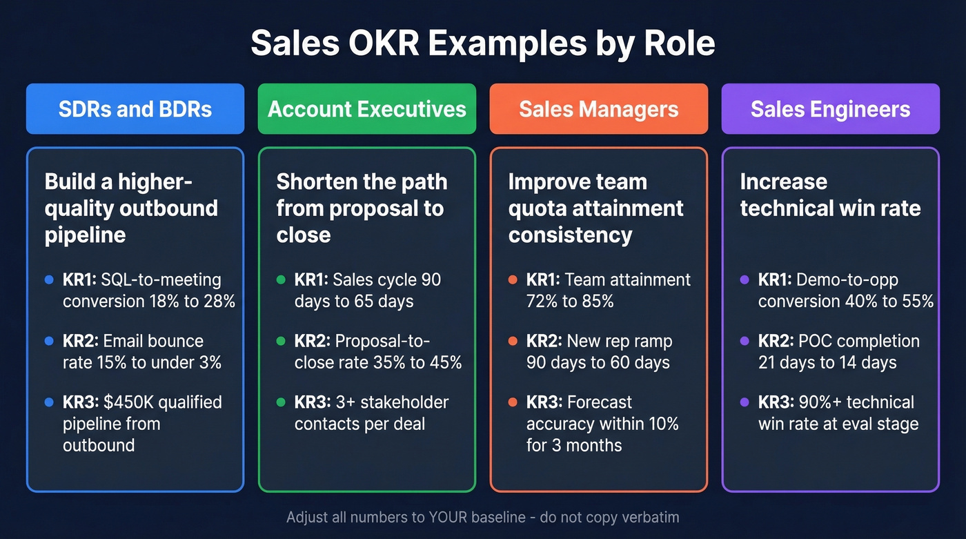 Sales OKR examples organized by four team roles