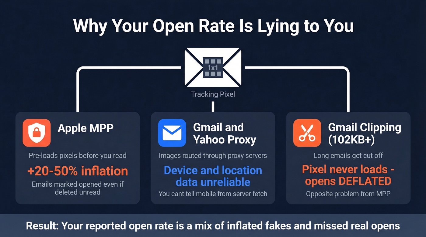 How Apple MPP, Gmail proxy, and clipping distort open rate tracking