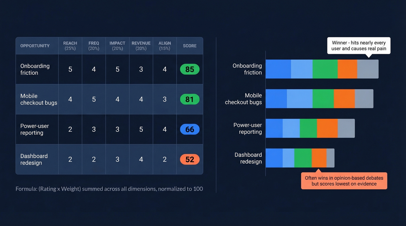 Weighted scoring model comparison of four opportunities with bar chart