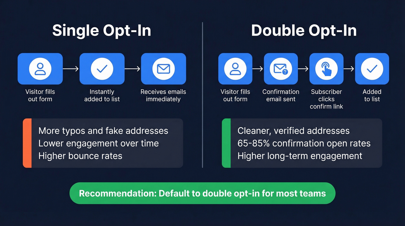 Single vs double opt-in process comparison diagram