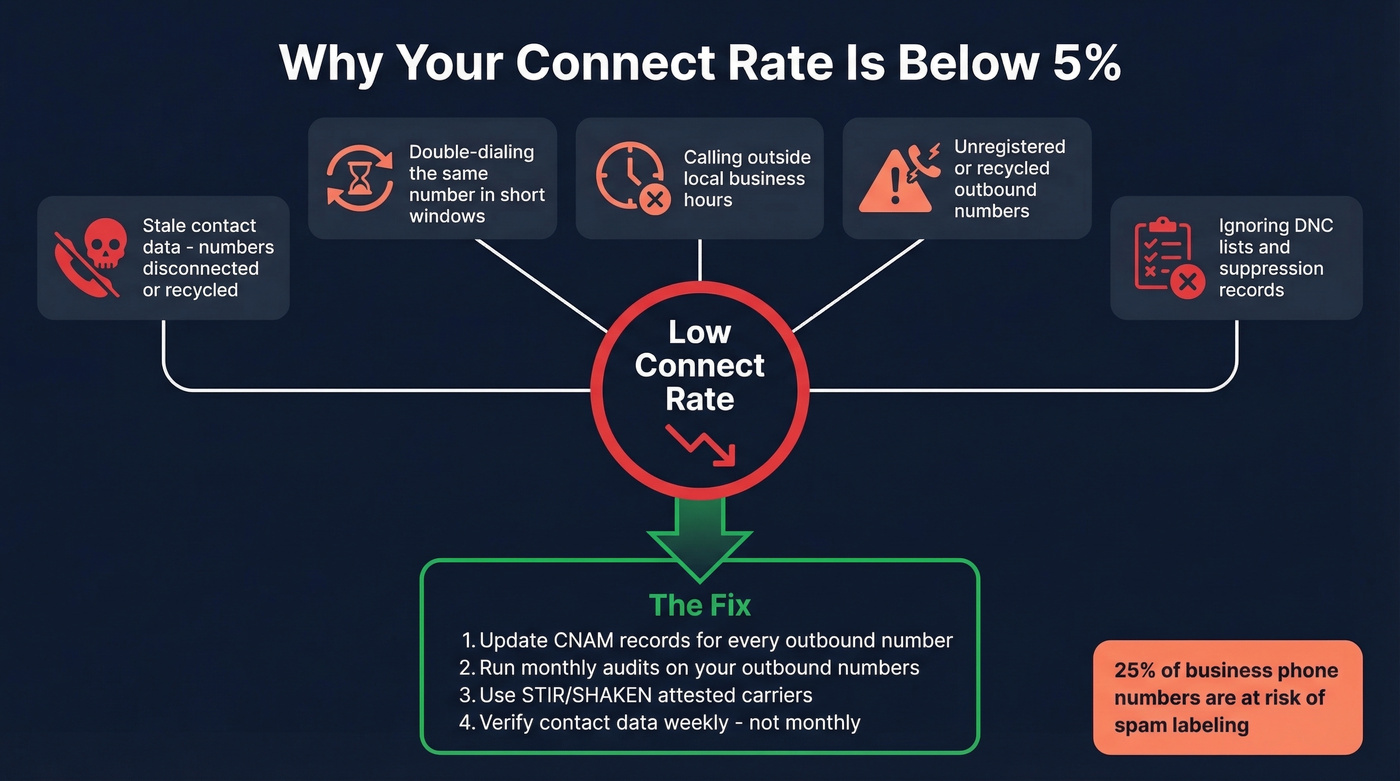 Diagram showing common mistakes that trigger spam labeling and kill connect rates