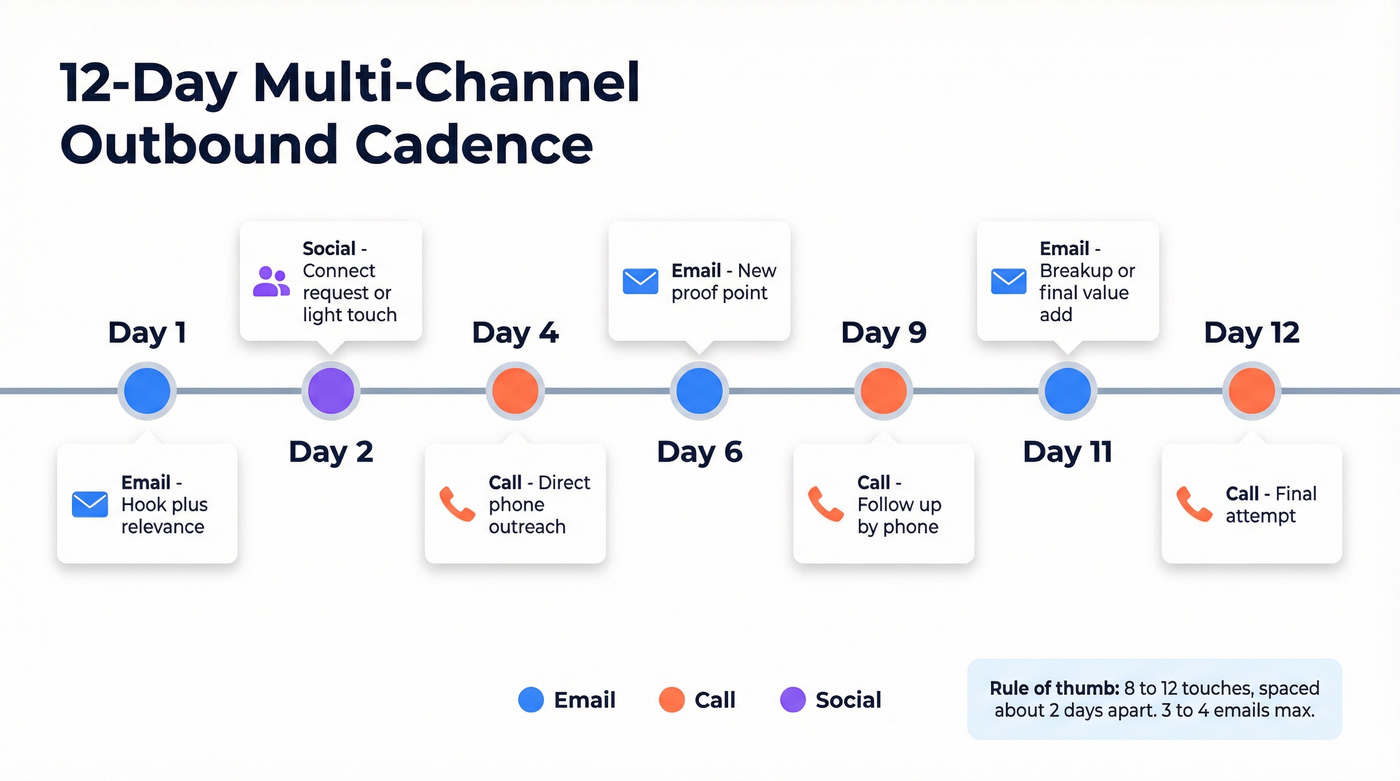12-day multi-channel outbound cadence timeline visual