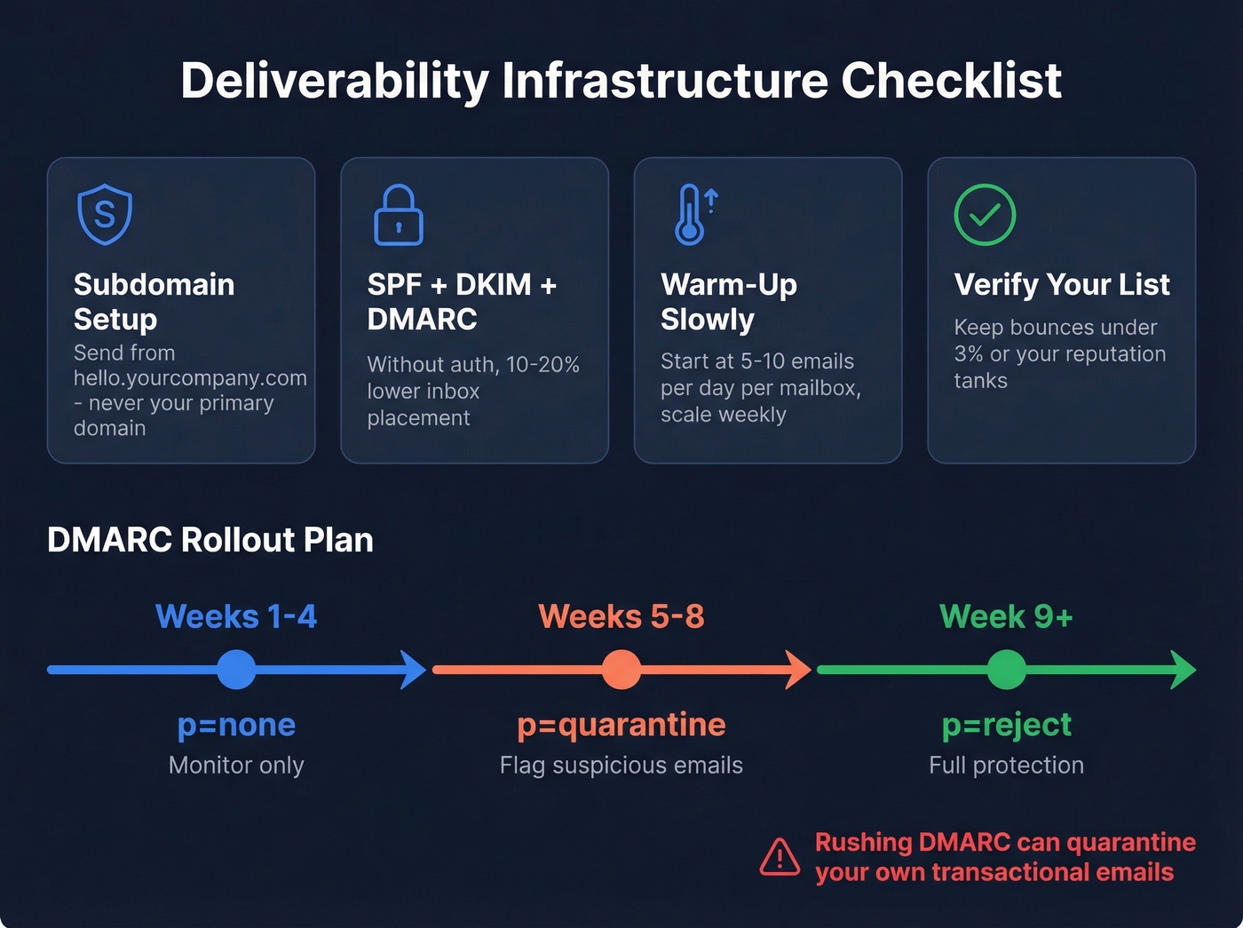 Email deliverability infrastructure setup checklist and DMARC rollout timeline