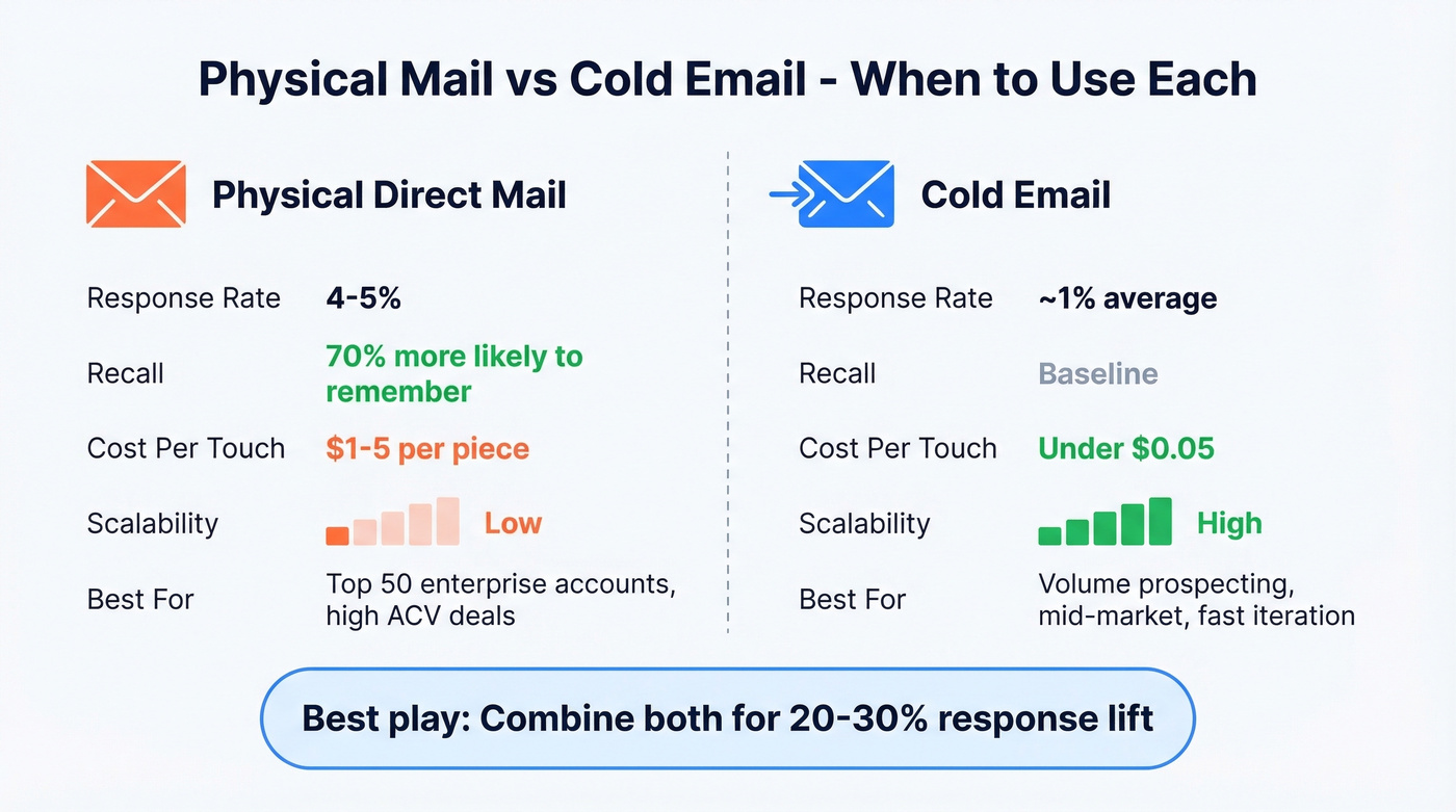 Physical mail vs cold email channel comparison diagram